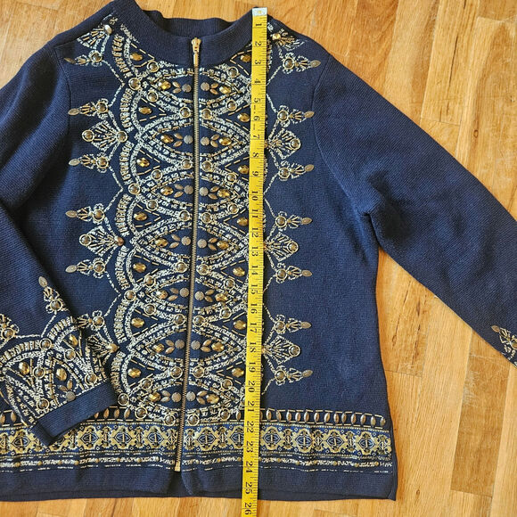 Chico’s Demitria Cardigan Women L Navy Gold Embroidered Byzantine Beaded Zip‎ Up - Picture 7 of 11